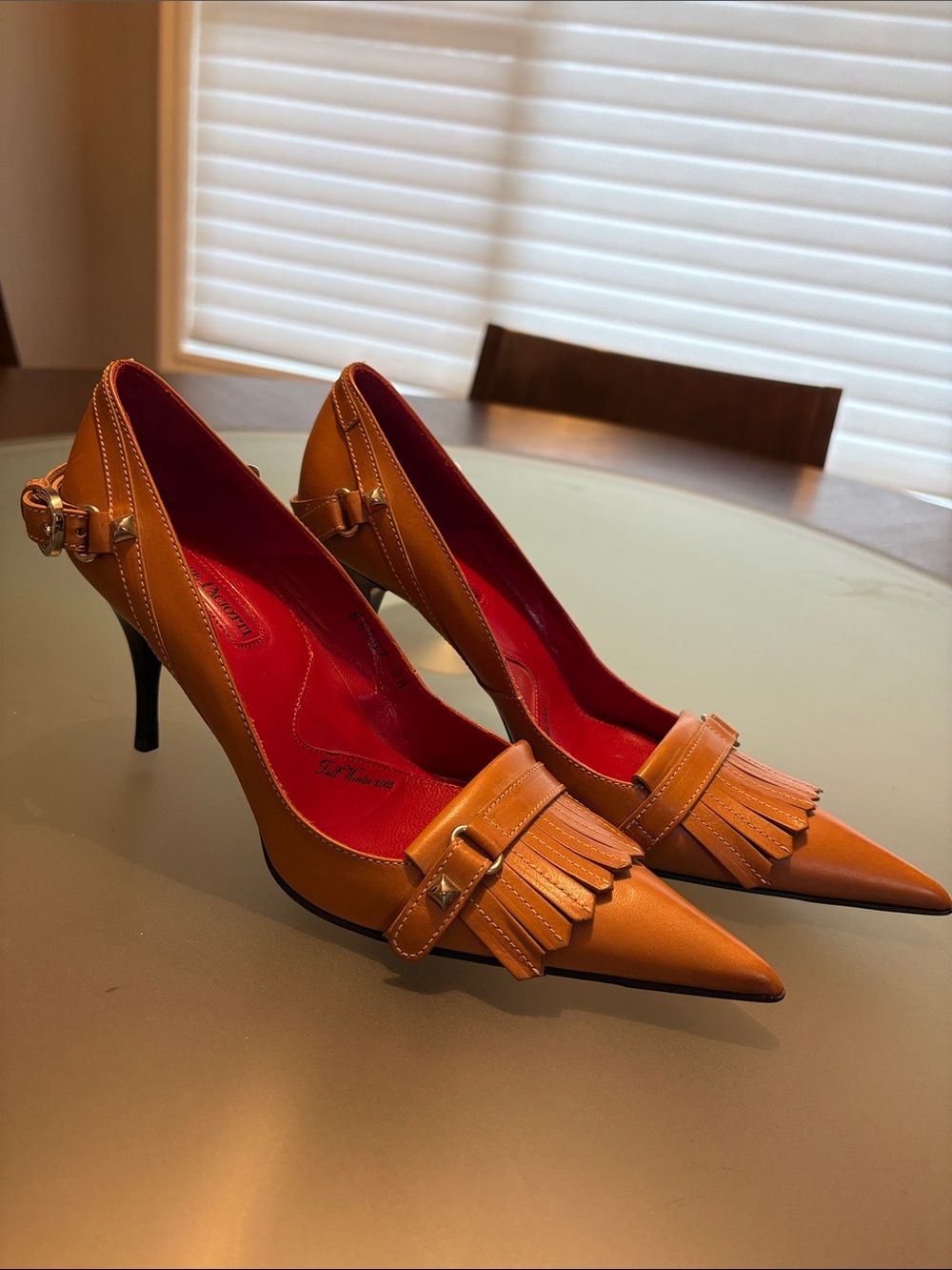 Cesare Paciotti Tan Leather Pointed Fringe Pumps with Red Interior